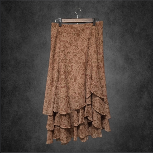 Vintage Tiered Elegant Brown Layered Midi Skirt - Picture 1 of 8